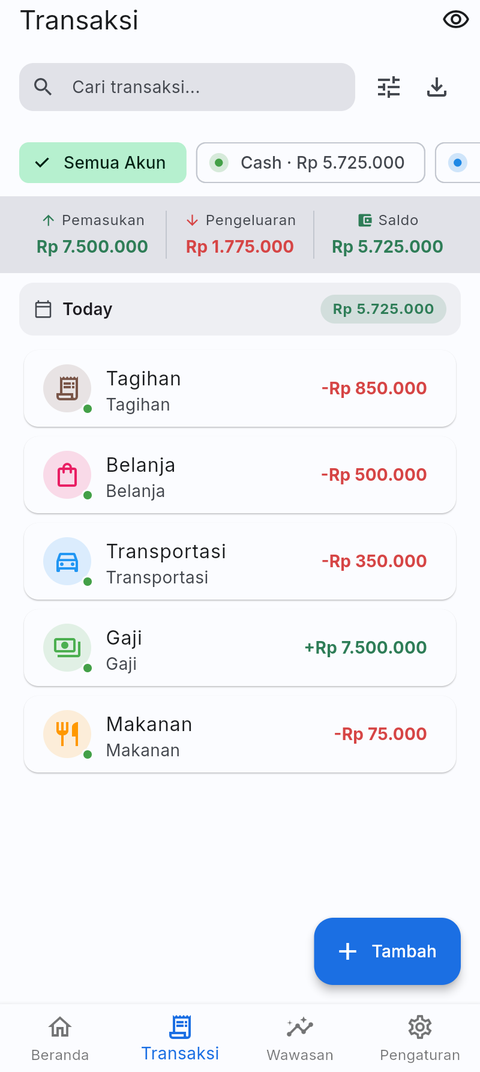 Daftar transaksi di aplikasi Bukuin dengan fitur pencarian, filter, dan ekspor